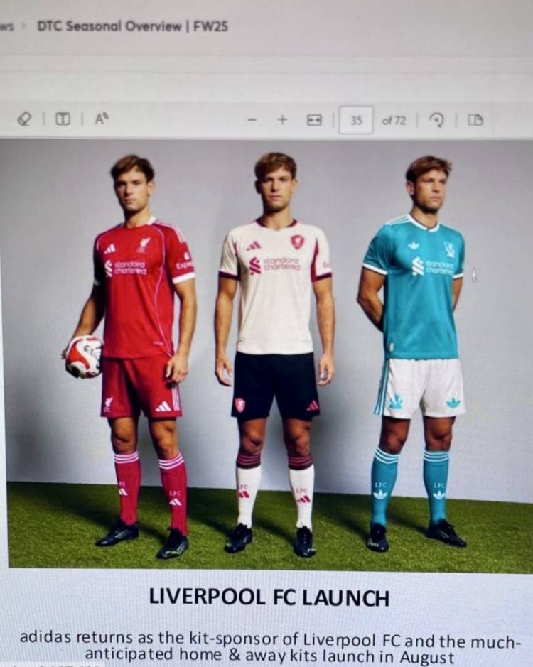 利物浦新赛季三款球衣设计泄露：红色、白色、薄荷绿色